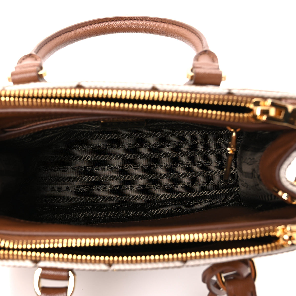 Jacquard Saffiano Triangolo Symbole Embroidered Mini Galleria Double Zip Tote Tabacco Talco
