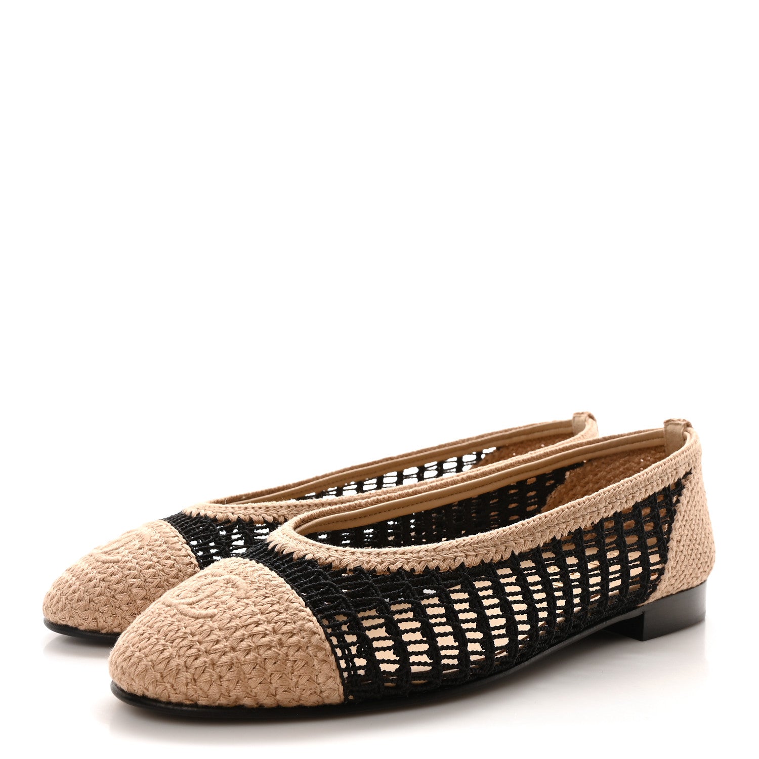 Chanel Raffia Cap Toe Ballerina Flats 37 Black Beige 4 of 9