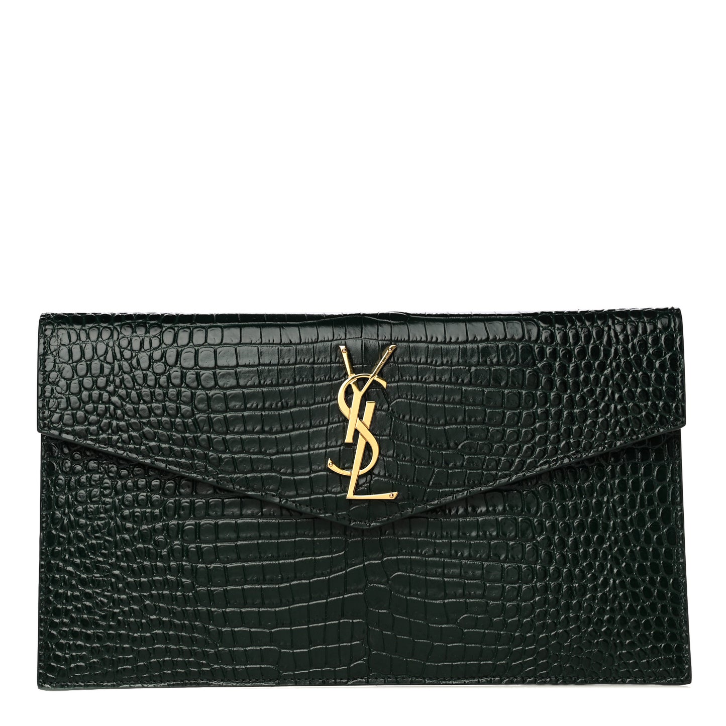 Calfskin Crocodile Embossed Uptown Monogram Clutch Dark Green