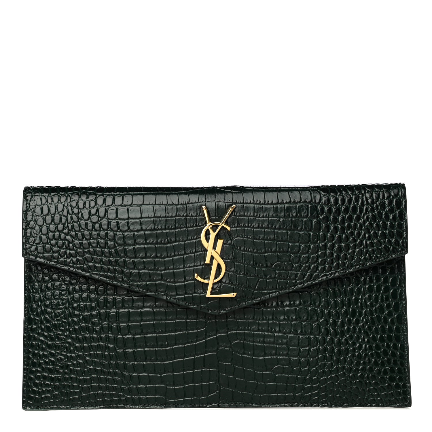 Saint Laurent Calfskin Crocodile Embossed Uptown Monogram Clutch Dark Green 1 of 12