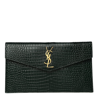 Saint Laurent Calfskin Crocodile Embossed Uptown Monogram Clutch Dark Green 1 of 12