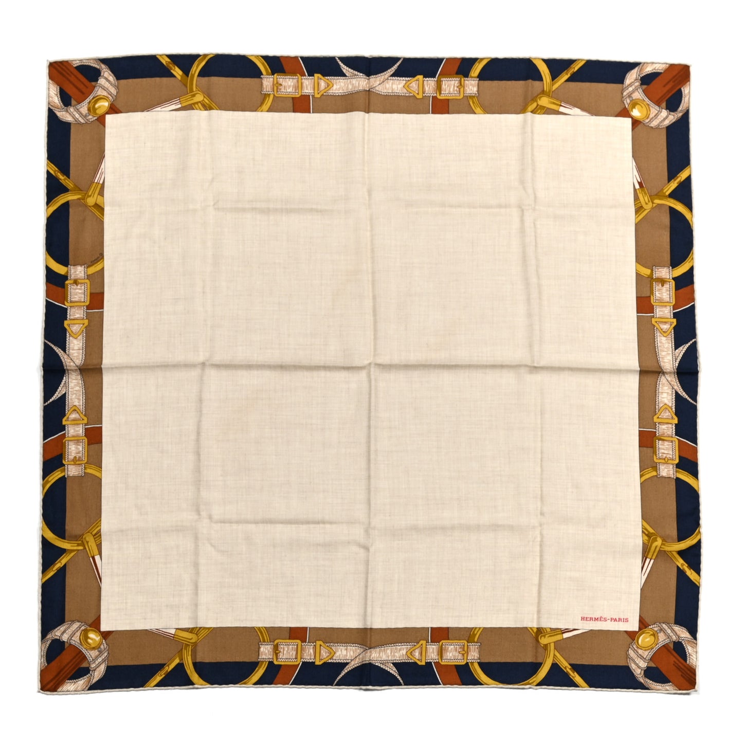 Cashmere Silk Encadre Eperon d'Or Scarf 90 Naturel Camel Marine
