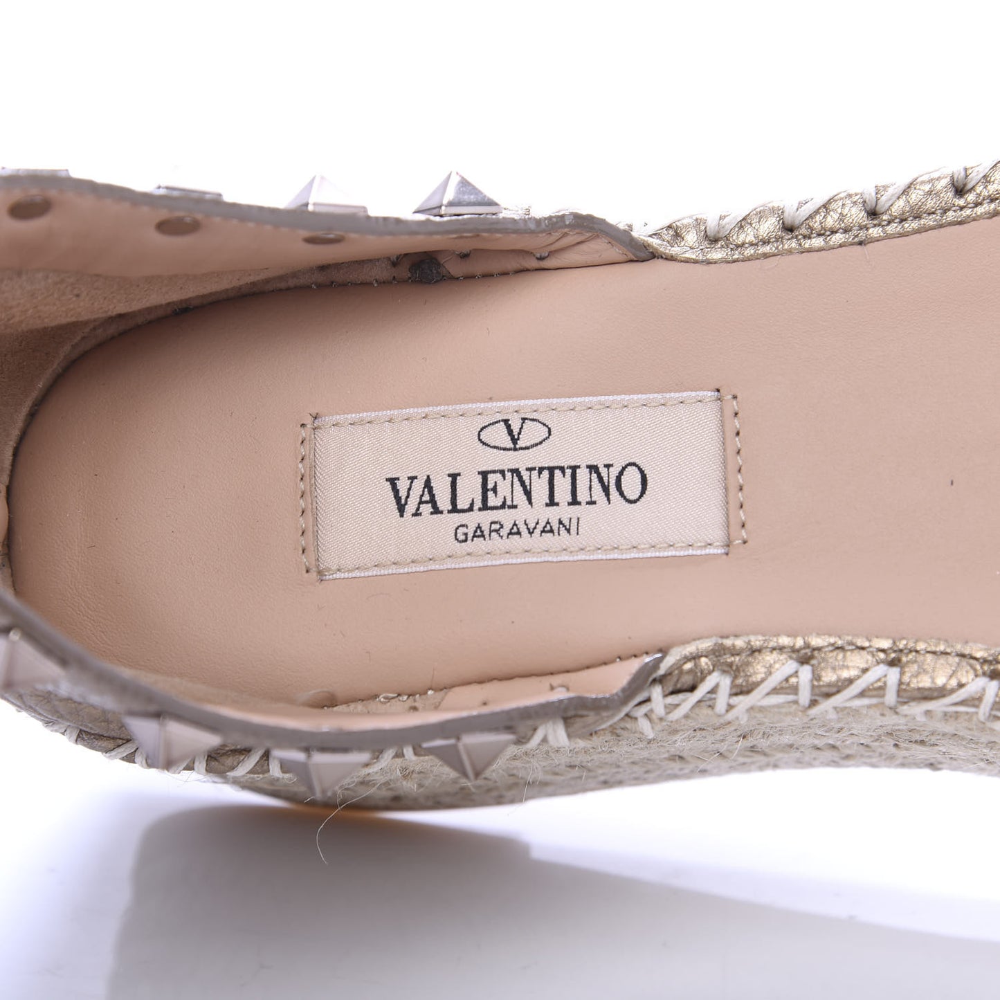 Metallic Grained Calfskin Rockstud Ankle Wrap Espadrille Flatform Sandals 37 Skin Natural