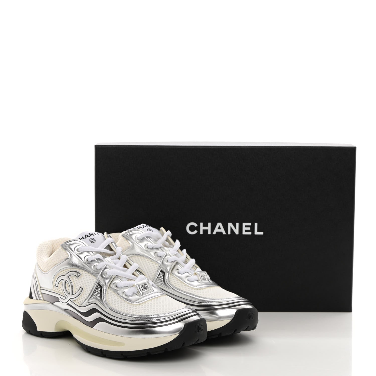 Chanel Fabric Laminated Calfskin Stretch CC Sneakers 37 White Silver 10 of 10