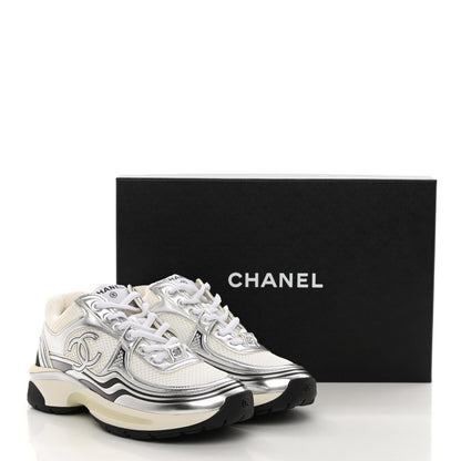 Chanel Fabric Laminated Calfskin Stretch CC Sneakers 37 White Silver 10 of 10
