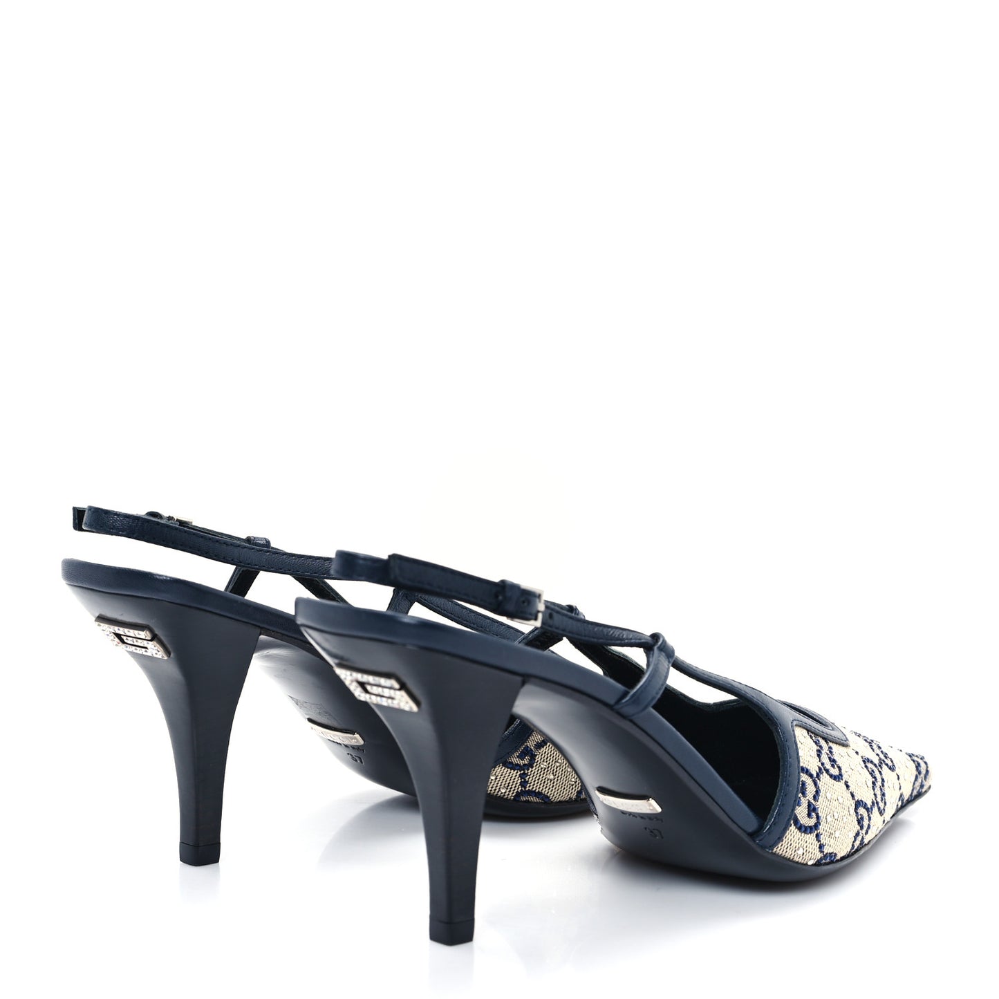 GG Monogram Malaga Kid Crystal Square G 75mm Slingback Pumps 37 Beige Blue