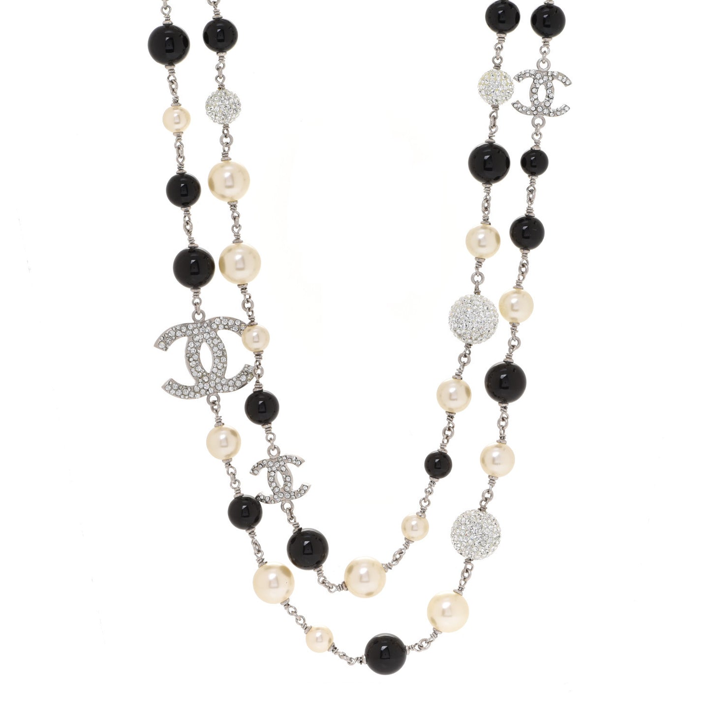 Pearl Crystal Bead CC Long Necklace Black Silver