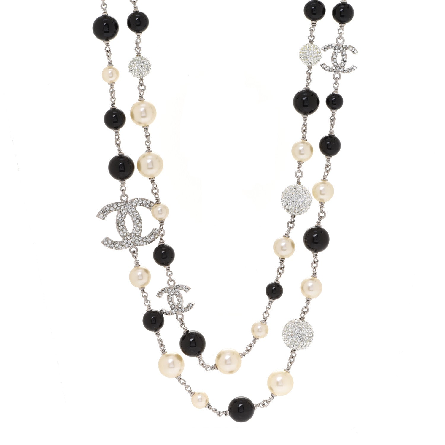 Chanel Pearl Crystal Bead CC Long Necklace Black Silver 1 of 6