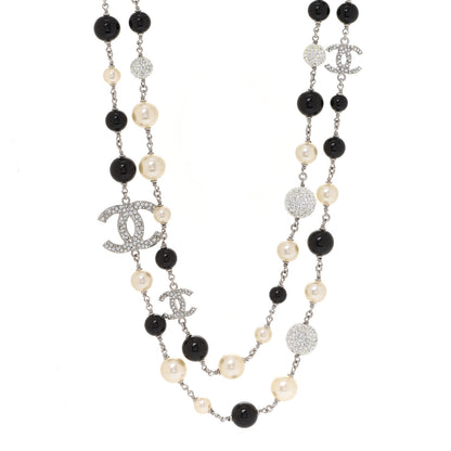 Chanel Pearl Crystal Bead CC Long Necklace Black Silver 1 of 6