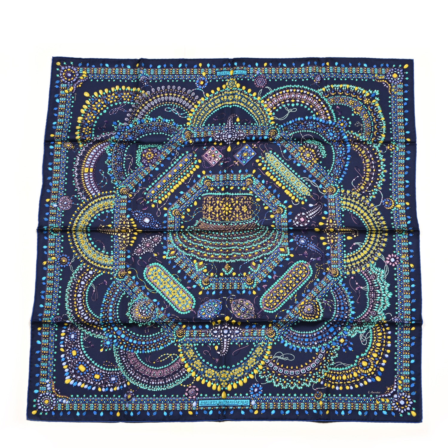 Hermes Silk Parures Des Maharajas Scarf 90 Caban Turquoise Arnica 1 of 5