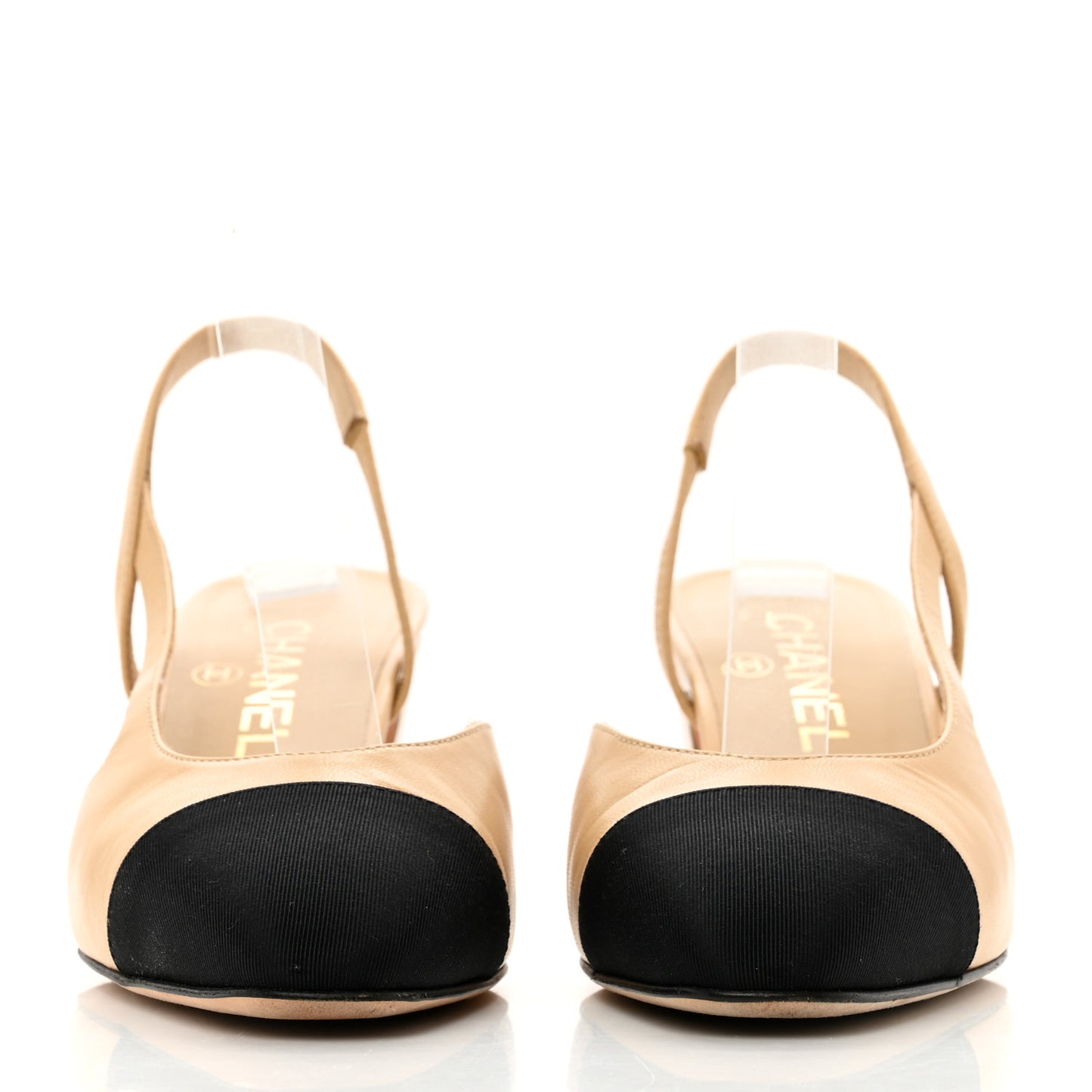 Lambskin Grosgrain Cap Toe CC Slingback Pumps 36.5 Beige Black