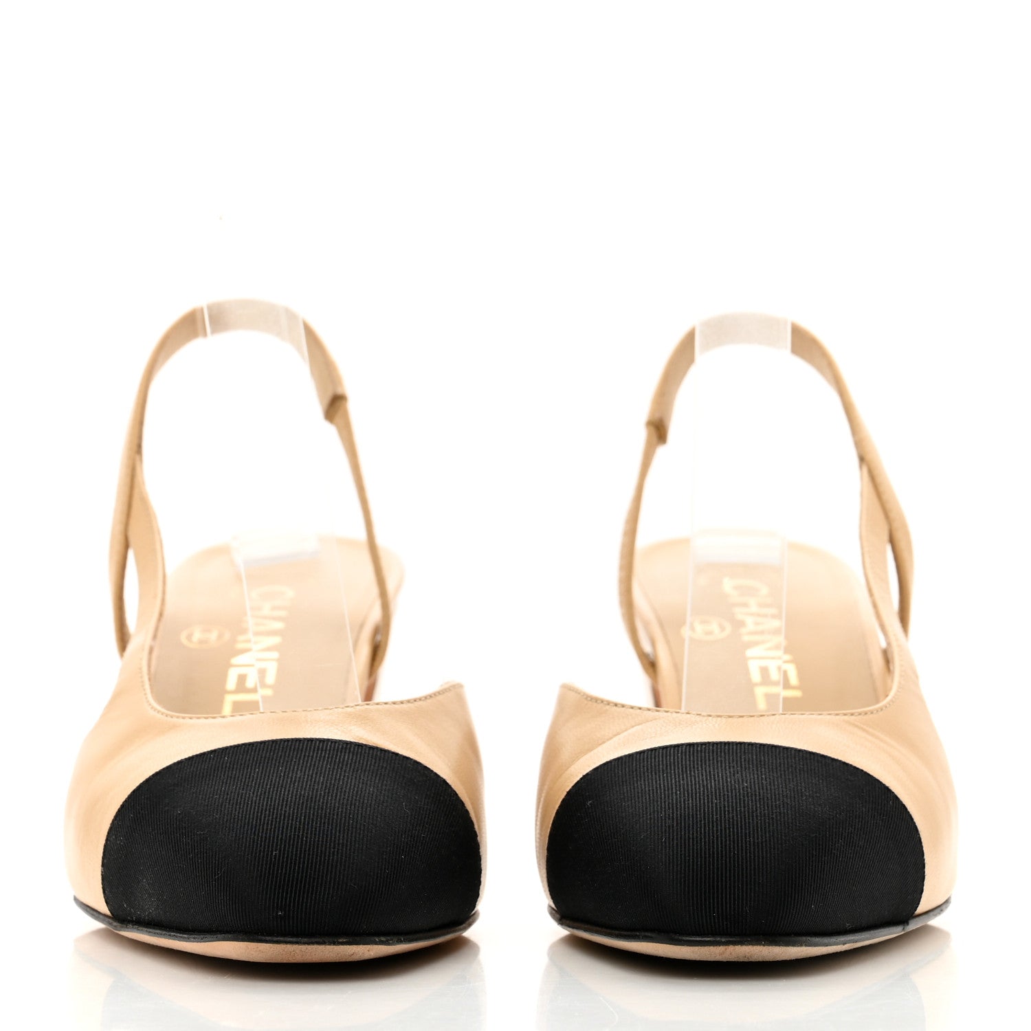 Chanel Lambskin Grosgrain Cap Toe CC Slingback Pumps 36.5 Beige Black 2 of 11