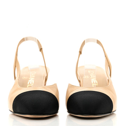 Chanel Lambskin Grosgrain Cap Toe CC Slingback Pumps 36.5 Beige Black 2 of 11