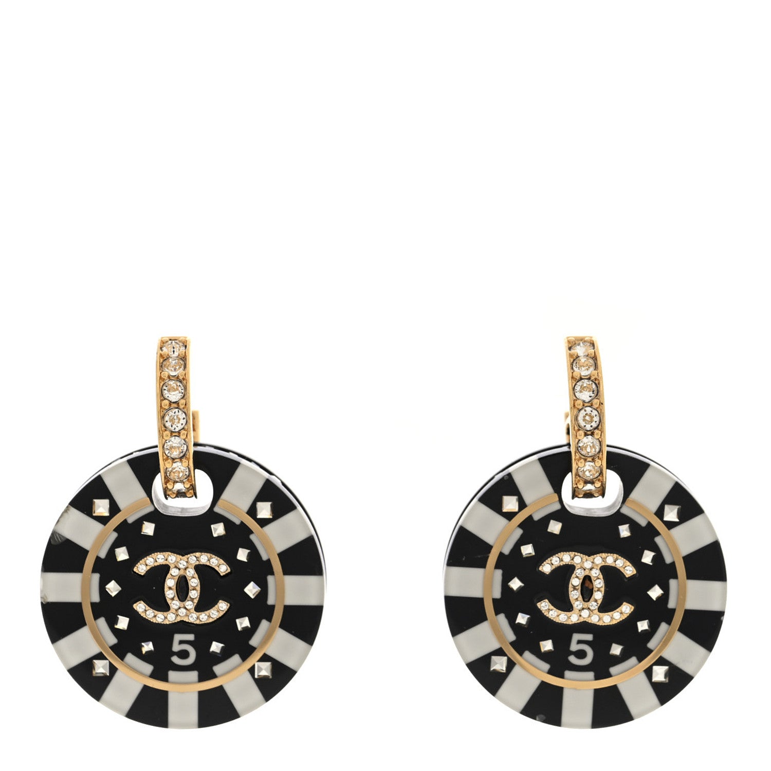 Chanel Resin Crystal CC Round Poker Chip Drop Earrings Black White Gold 1 of 4