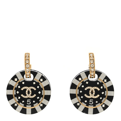 Chanel Resin Crystal CC Round Poker Chip Drop Earrings Black White Gold 1 of 4