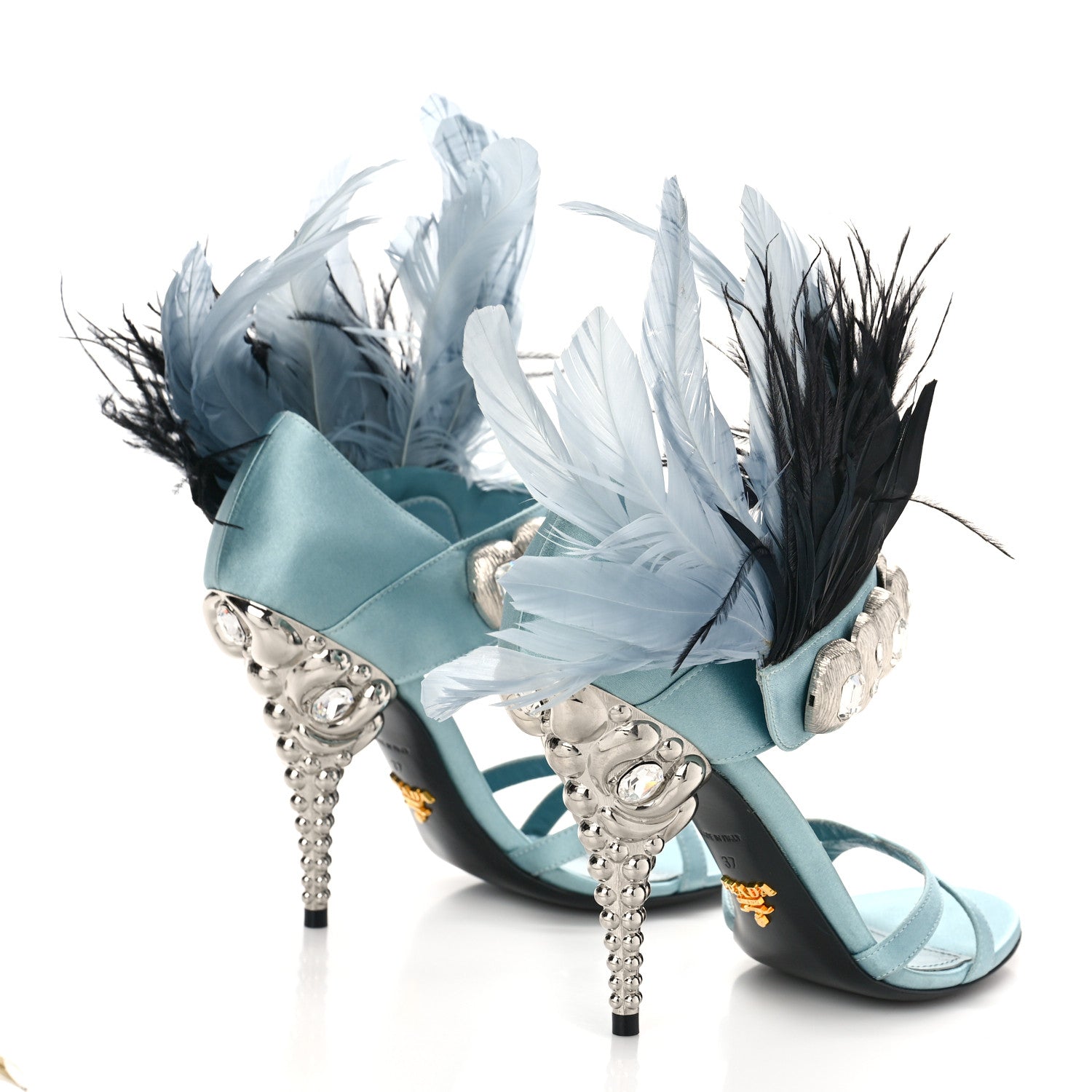 Prada Satin Feather Crystal 110mm Sandals 37 Curacao Argento 3 of 9