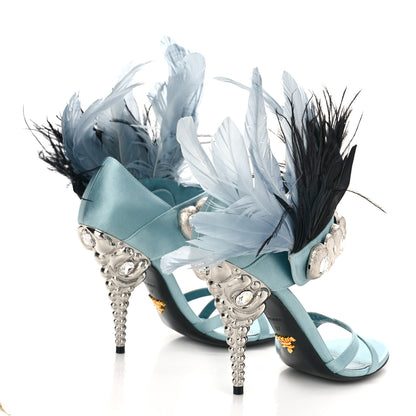 Prada Satin Feather Crystal 110mm Sandals 37 Curacao Argento 3 of 9