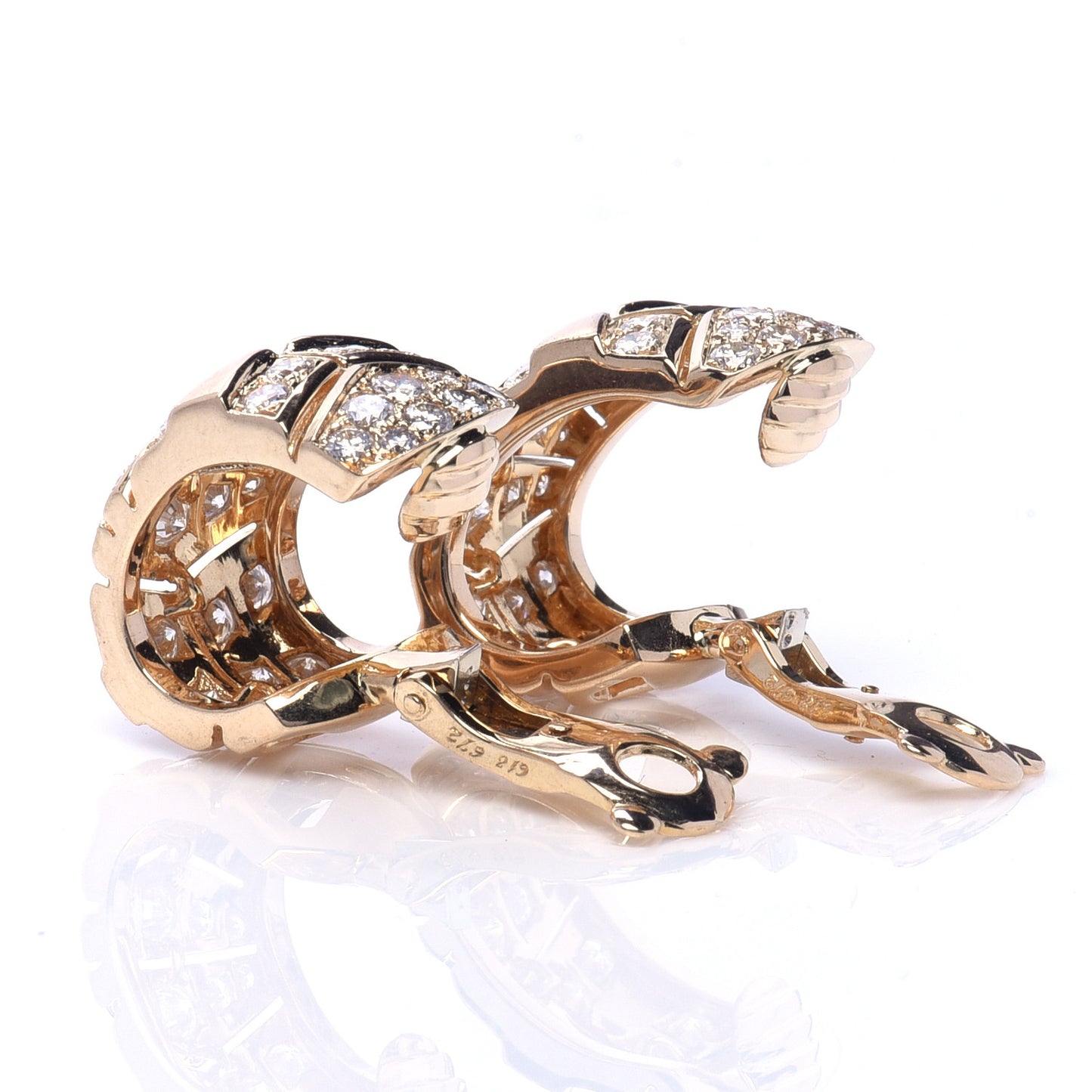 18K Yellow Gold Diamond Chevron Clip-On Hoop Earrings