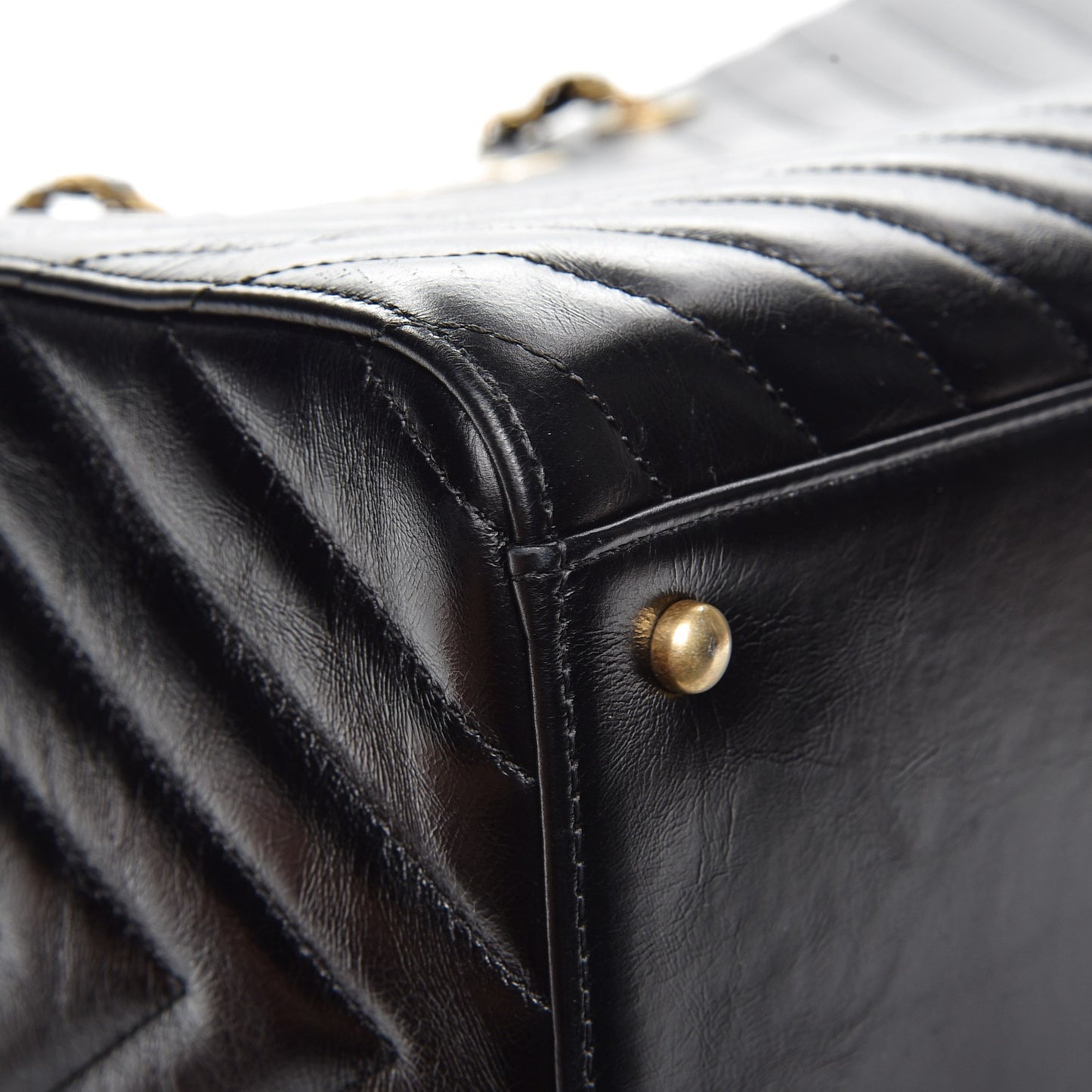 Glazed Calfskin Chevron Quilted Shopper Tote Black