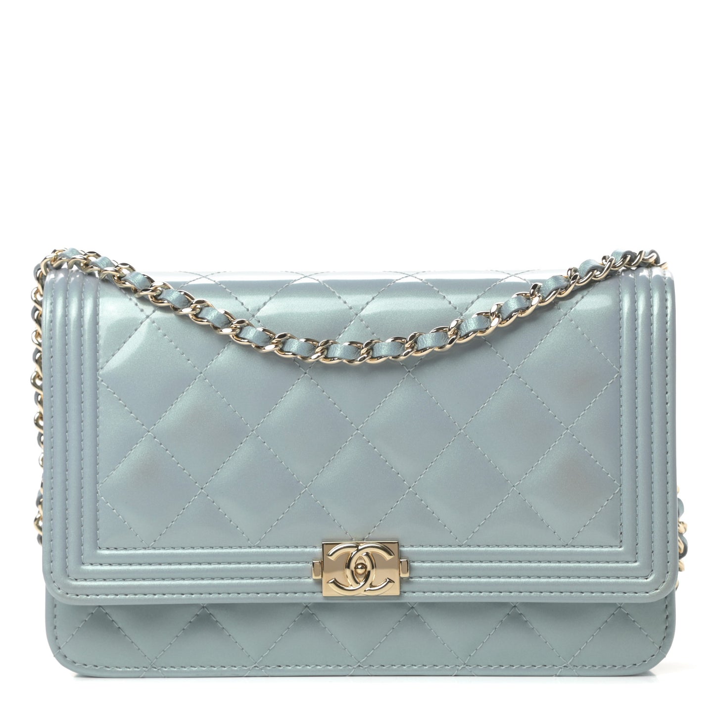 Metallic Patent Calfskin Quilted Boy Wallet on Chain WOC Light Blue