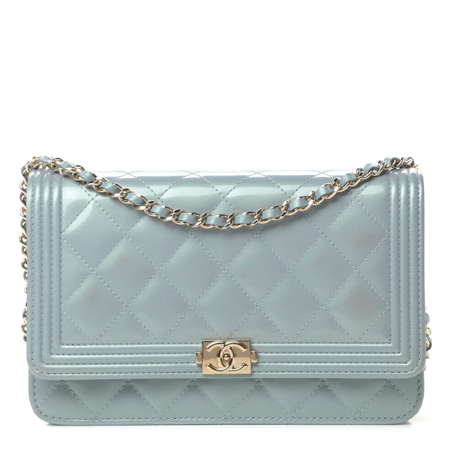 Chanel Metallic Patent Calfskin Quilted Boy Wallet on Chain WOC Light Blue 1 of 15