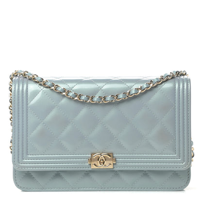 Chanel Metallic Patent Calfskin Quilted Boy Wallet on Chain WOC Light Blue 1 of 15