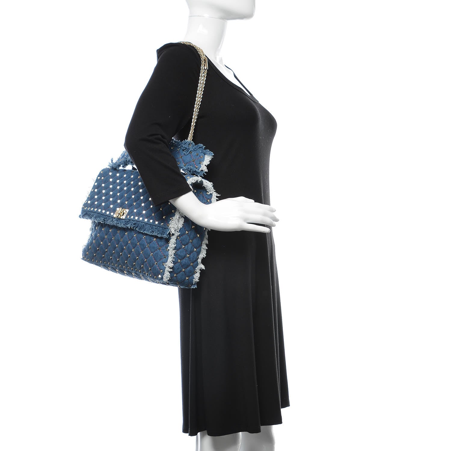 Valentino Garavani Denim Fringe Maxi Rockstud Spike Shoulder Bag Blue 2 of 11