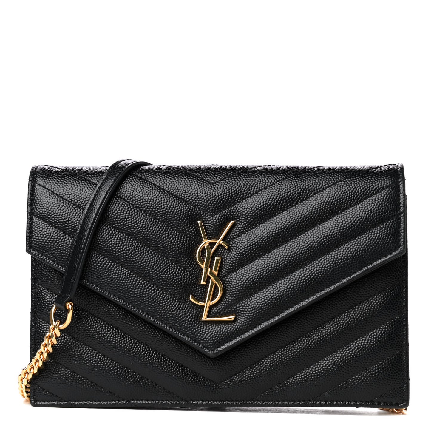 Grain De Poudre Matelasse Chevron Monogram Envelope Chain Wallet Black