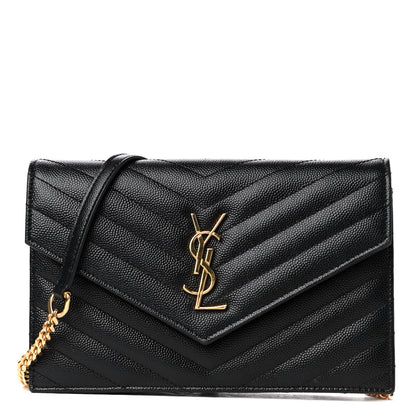 Saint Laurent Grain De Poudre Matelasse Chevron Monogram Envelope Chain Wallet Black 1 of 4