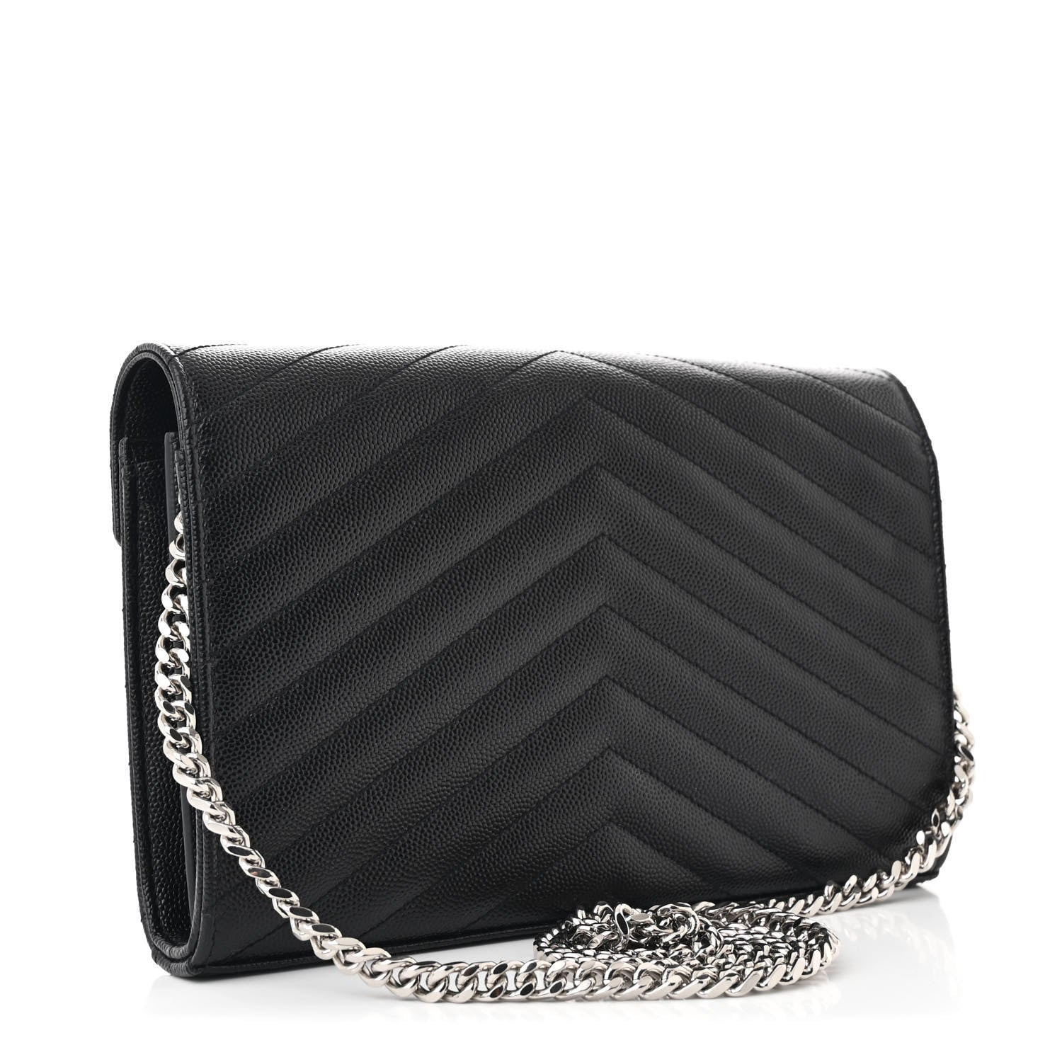 Saint Laurent Grain De Poudre Matelasse Chevron Monogram Chain Wallet Black 3 of 12