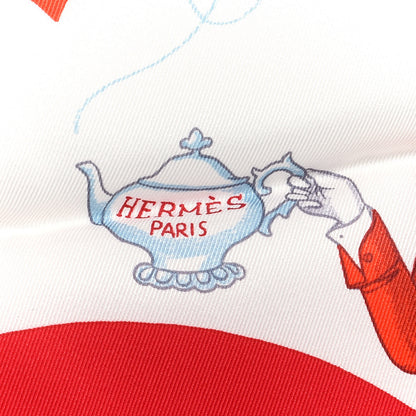 Hermes Silk Tea Time Scarf 70 White Framboise Rouge 3 of 4