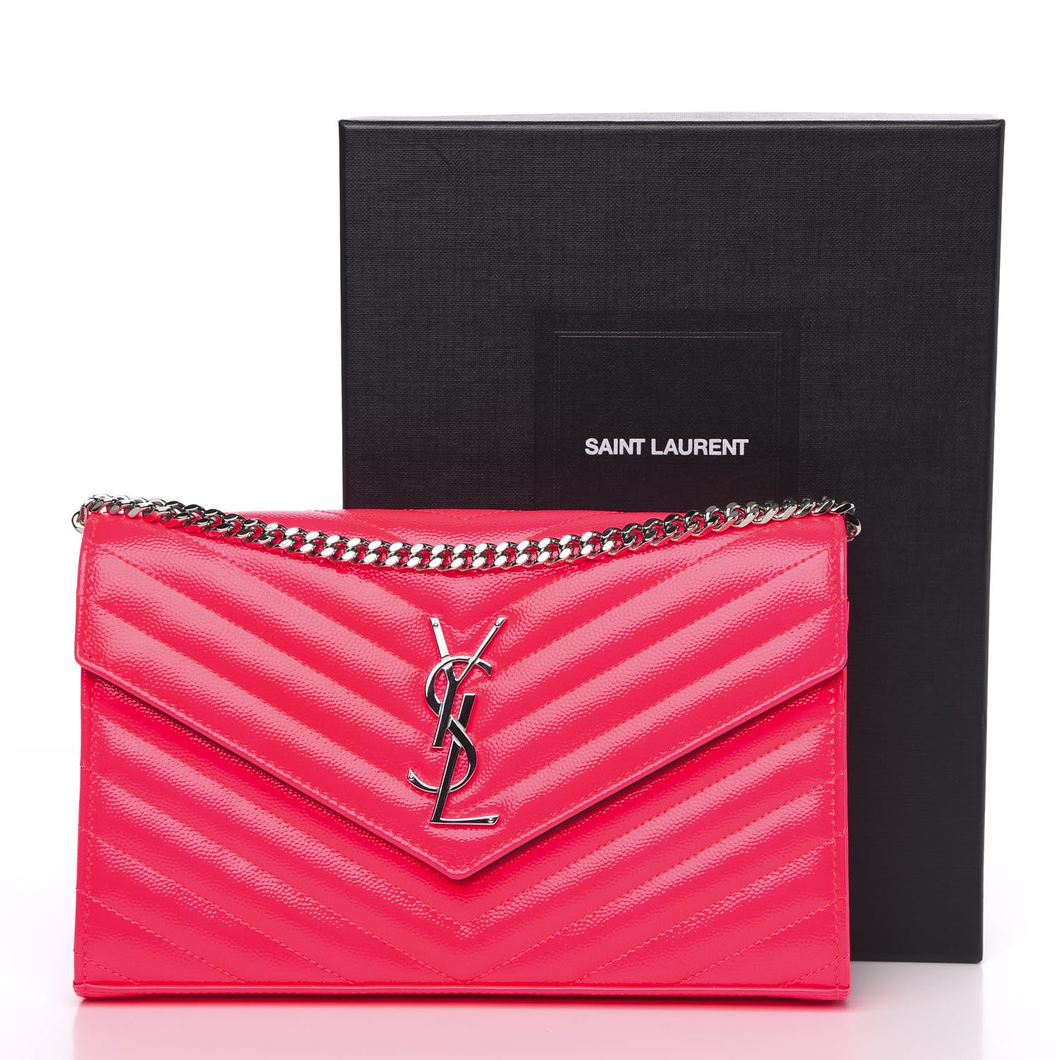Saint Laurent Patent Grain De Poudre Matelasse Chevron Monogram Chain Wallet Neon Pink 9 of 9