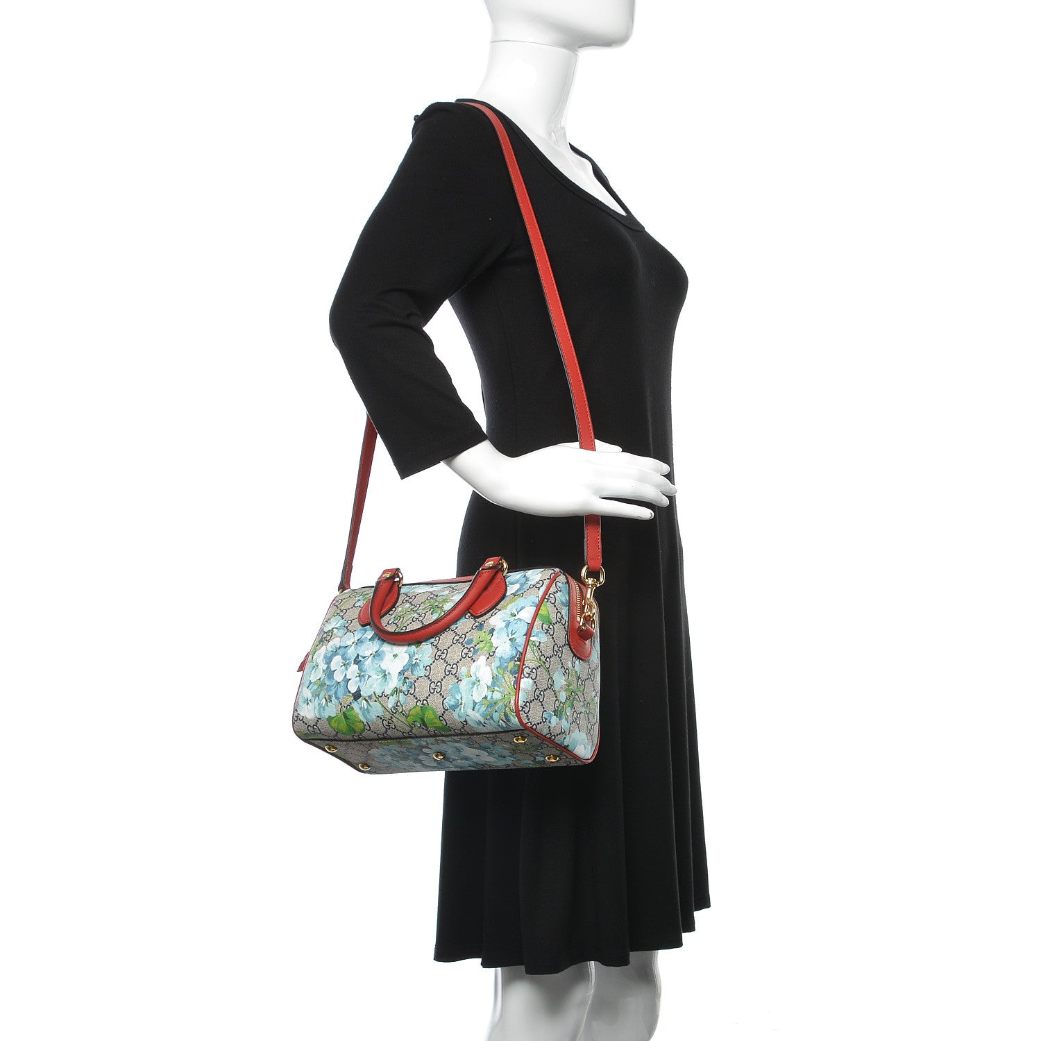 Gucci GG Supreme Monogram Blooms Small Boston Beige Blue Navy Hibiscus Red 2 of 9