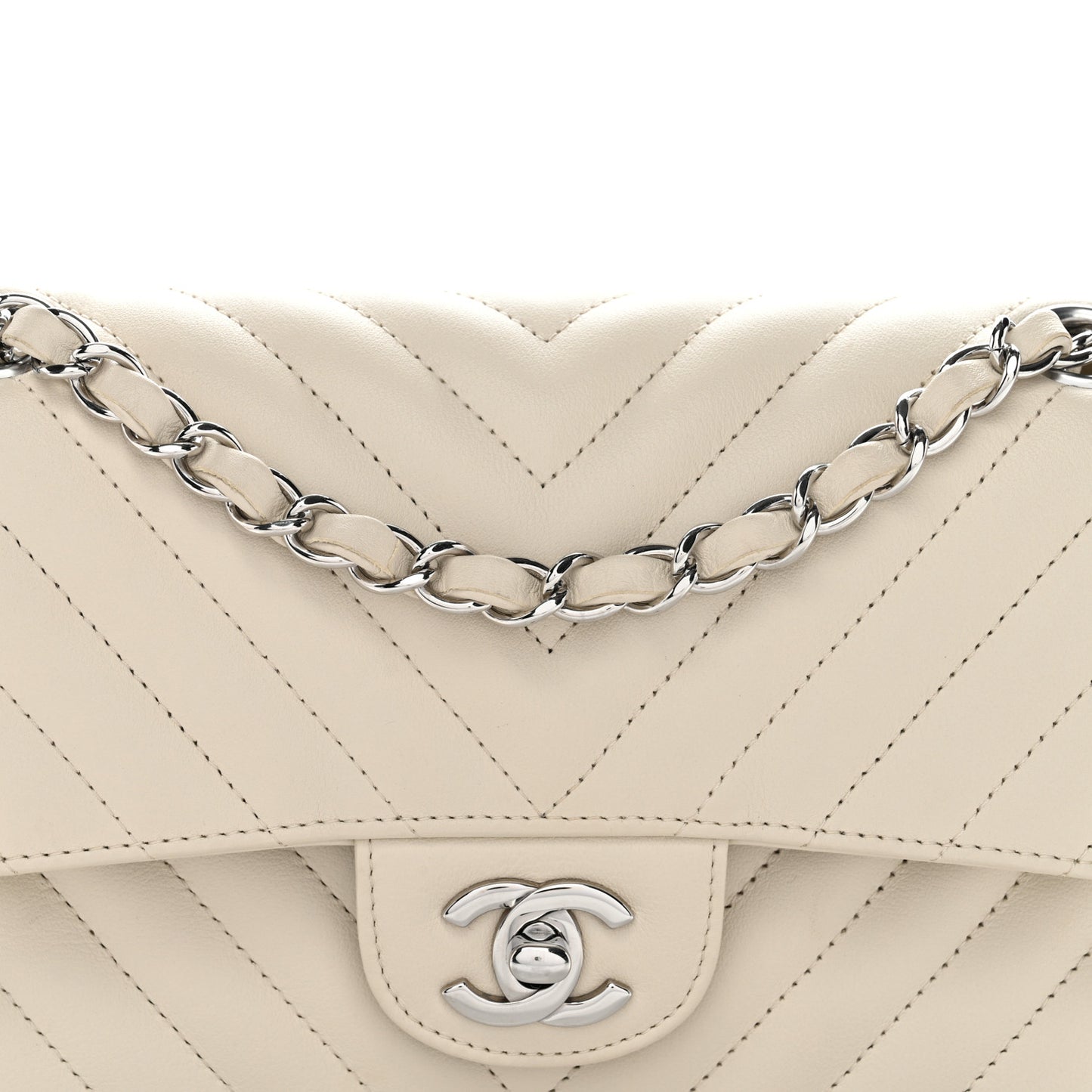 Calfskin Chevron Quilted Small Double Flap Ivory