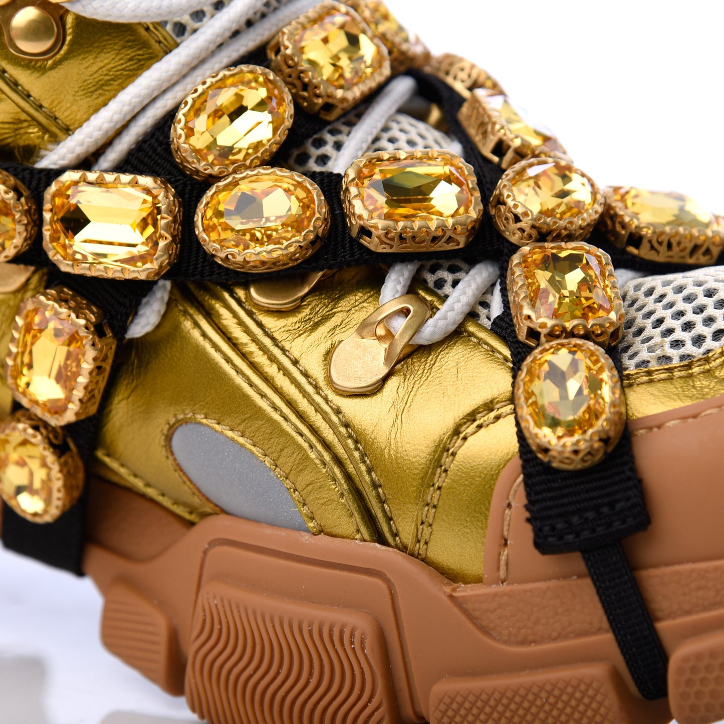 X SEGA Metallic Calfskin Mesh Removable Crystals Womens Flashtrek Sneakers 39 Oro Vecchio Mystic White Silver