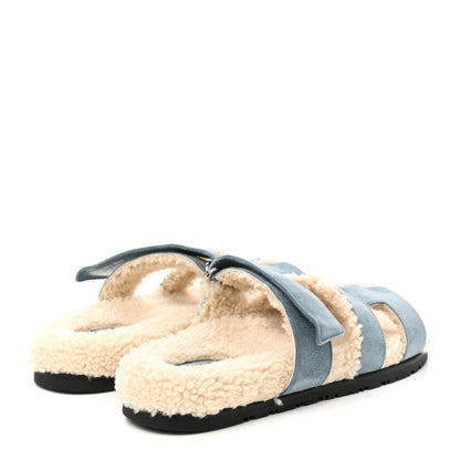 Hermes Suede Goatskin Woolskin Womens Chypre Sandals 38 Bleu Pinede Ecru 4 of 8