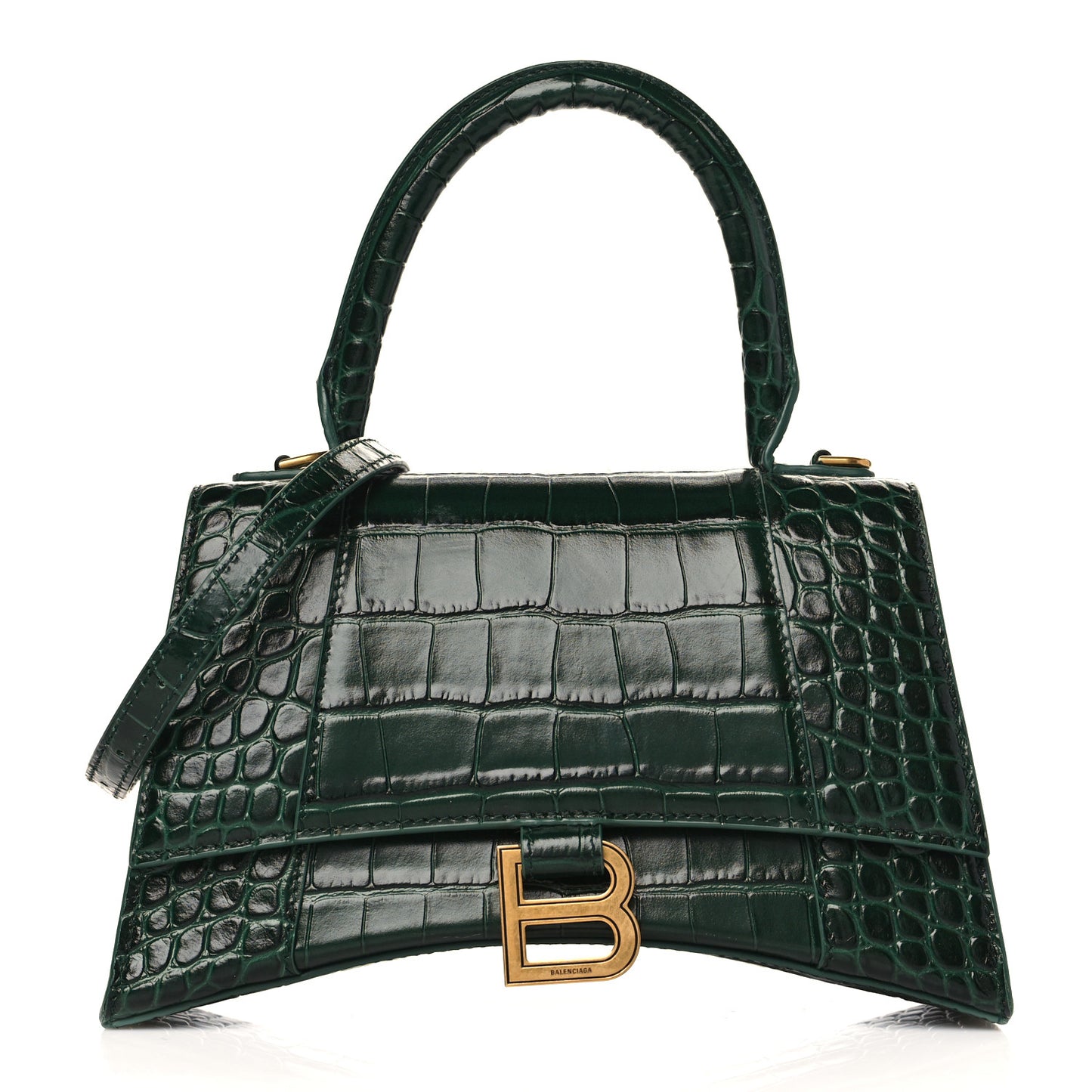 Shiny Calfskin Crocodile Embossed Small Hourglass Top Handle Bag Forest Green