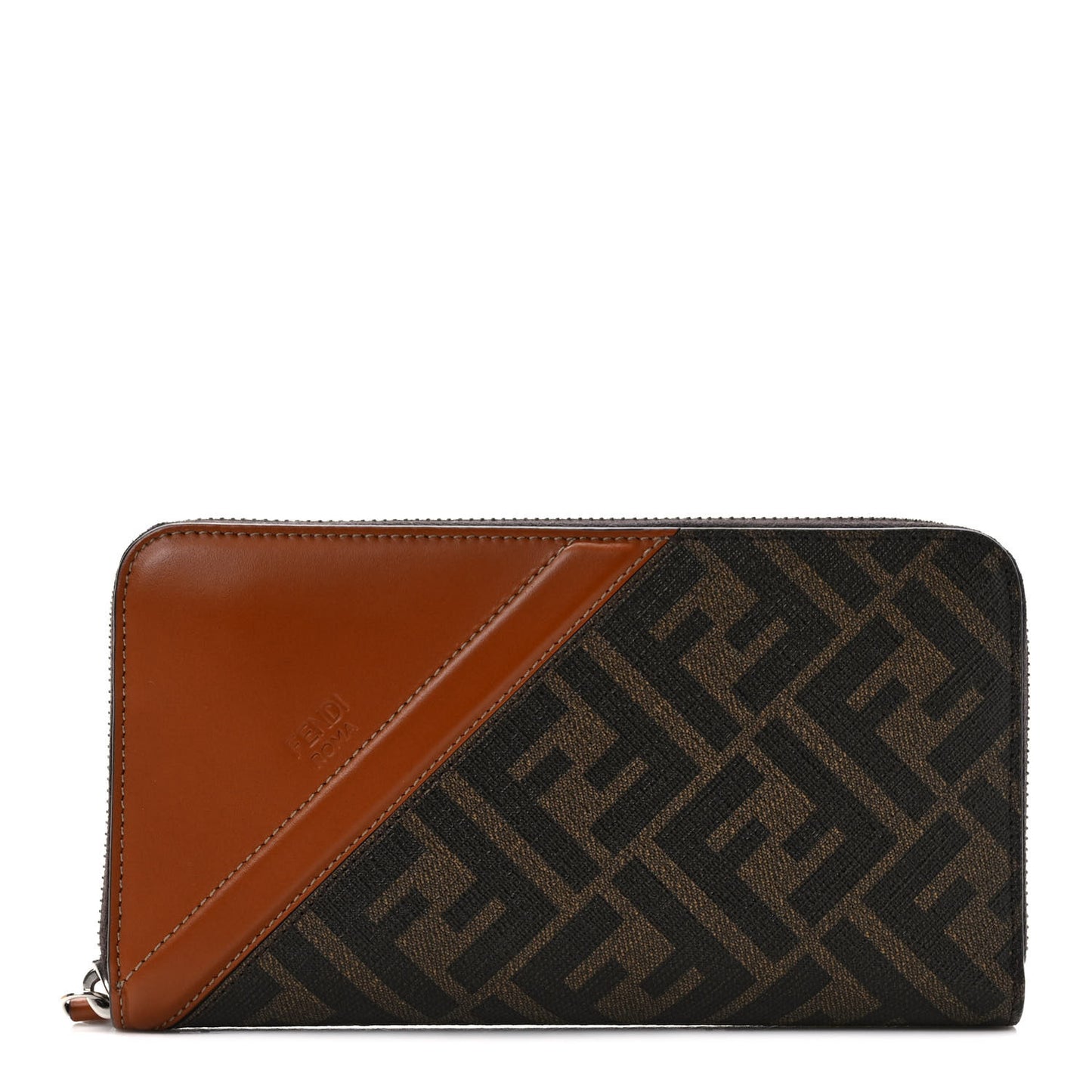 Glazed Fabric Vitello King FF 1974 Diagonal Zip Around Wallet Tobacco Moro Cuoio