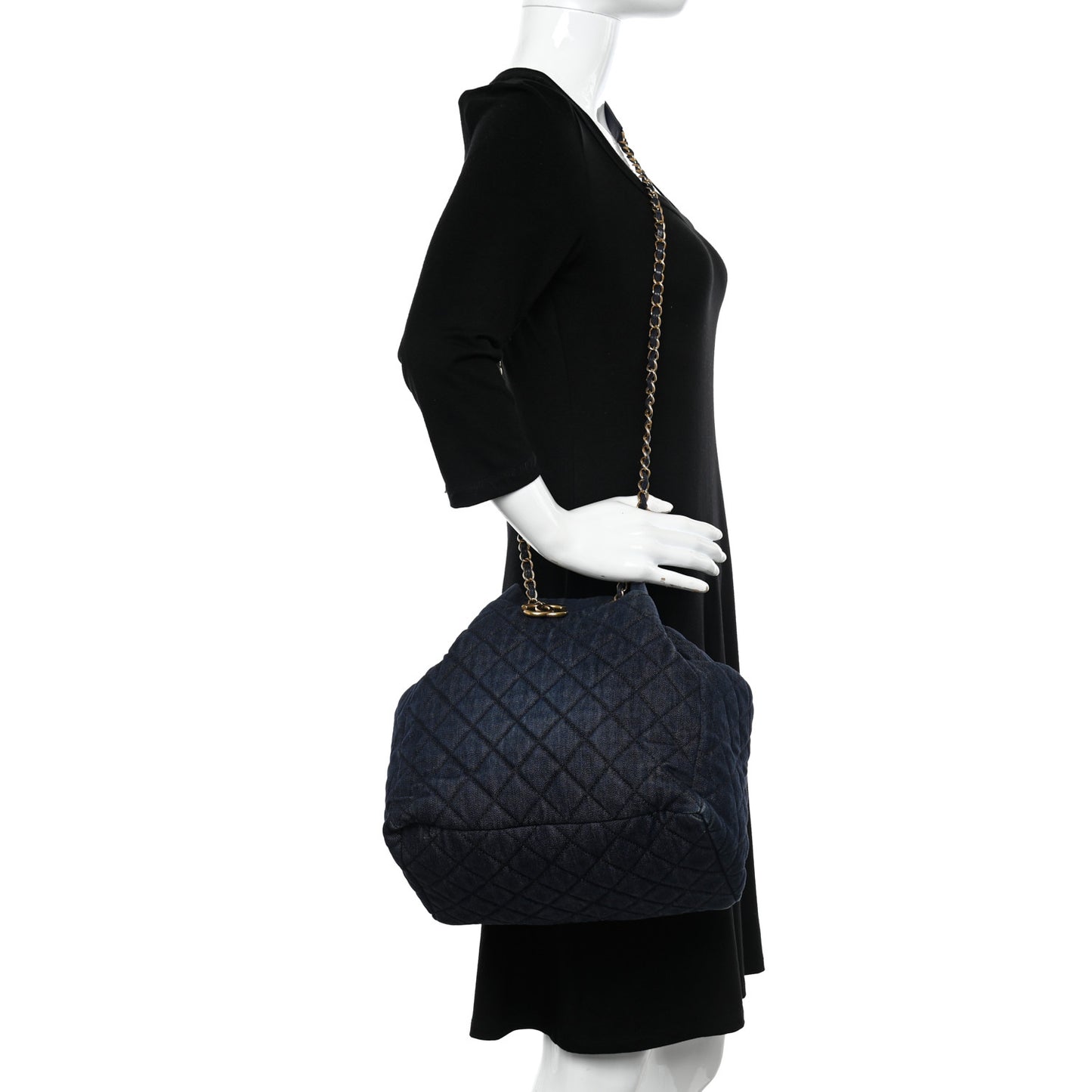 Washed Denim Quilted Small Urban Spirit Drawstring Bag Dark Blue