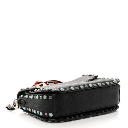 Valentino Garavani Pebbled Calfskin Turquoise Medium Guitar Strap Rockstud Rolling Flap Saddle Bag Black 4 of 12