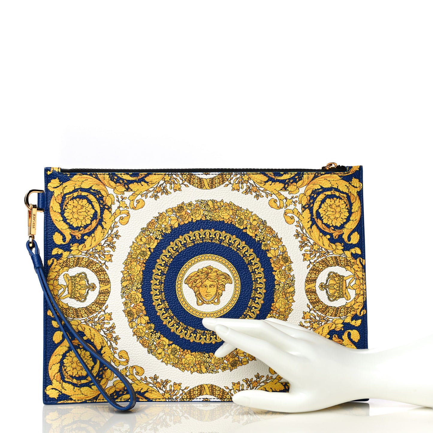 Grained Calfskin Baroque Print Zip Pouch Blue