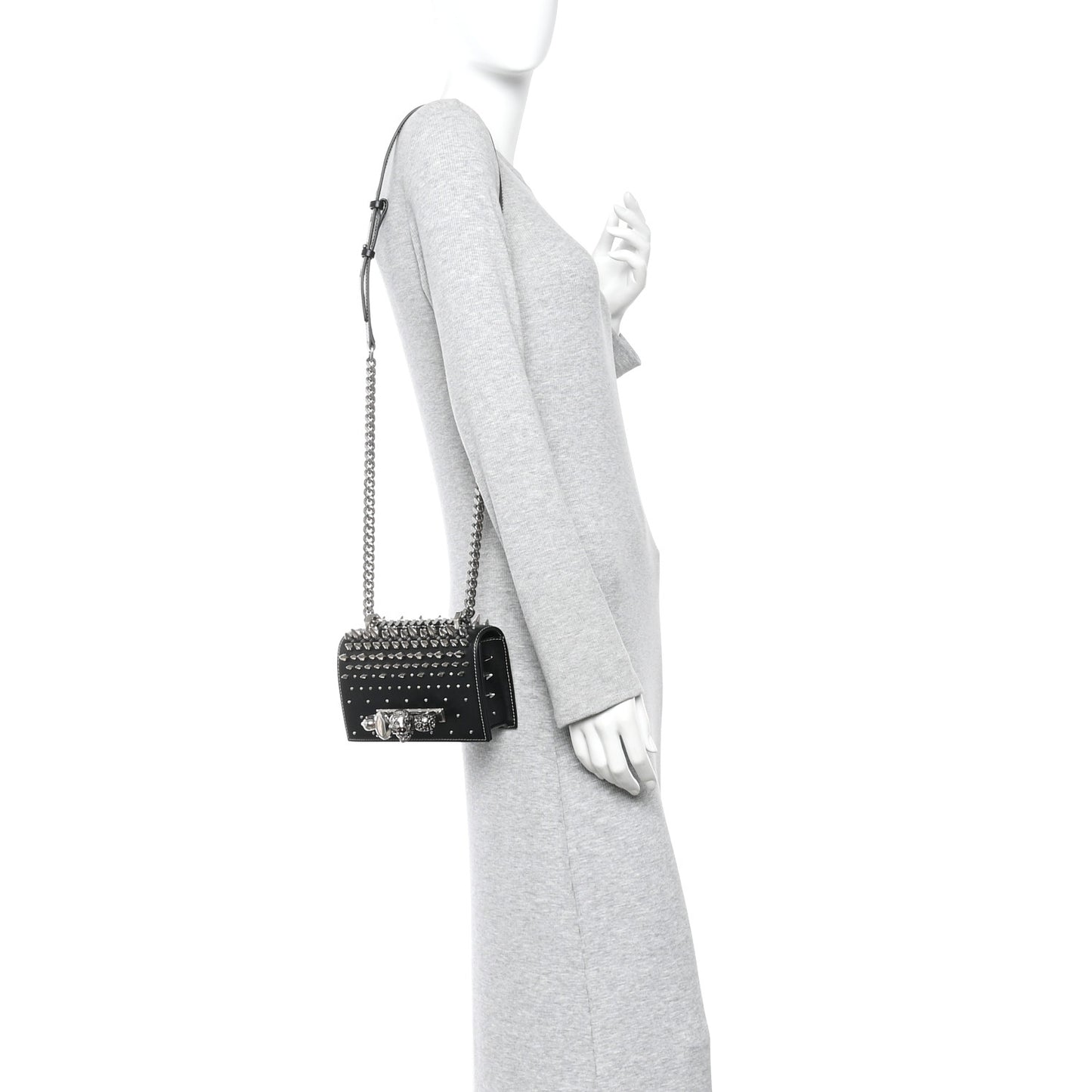 Calfskin Spike Studded Knuckle Satchel Black Silver