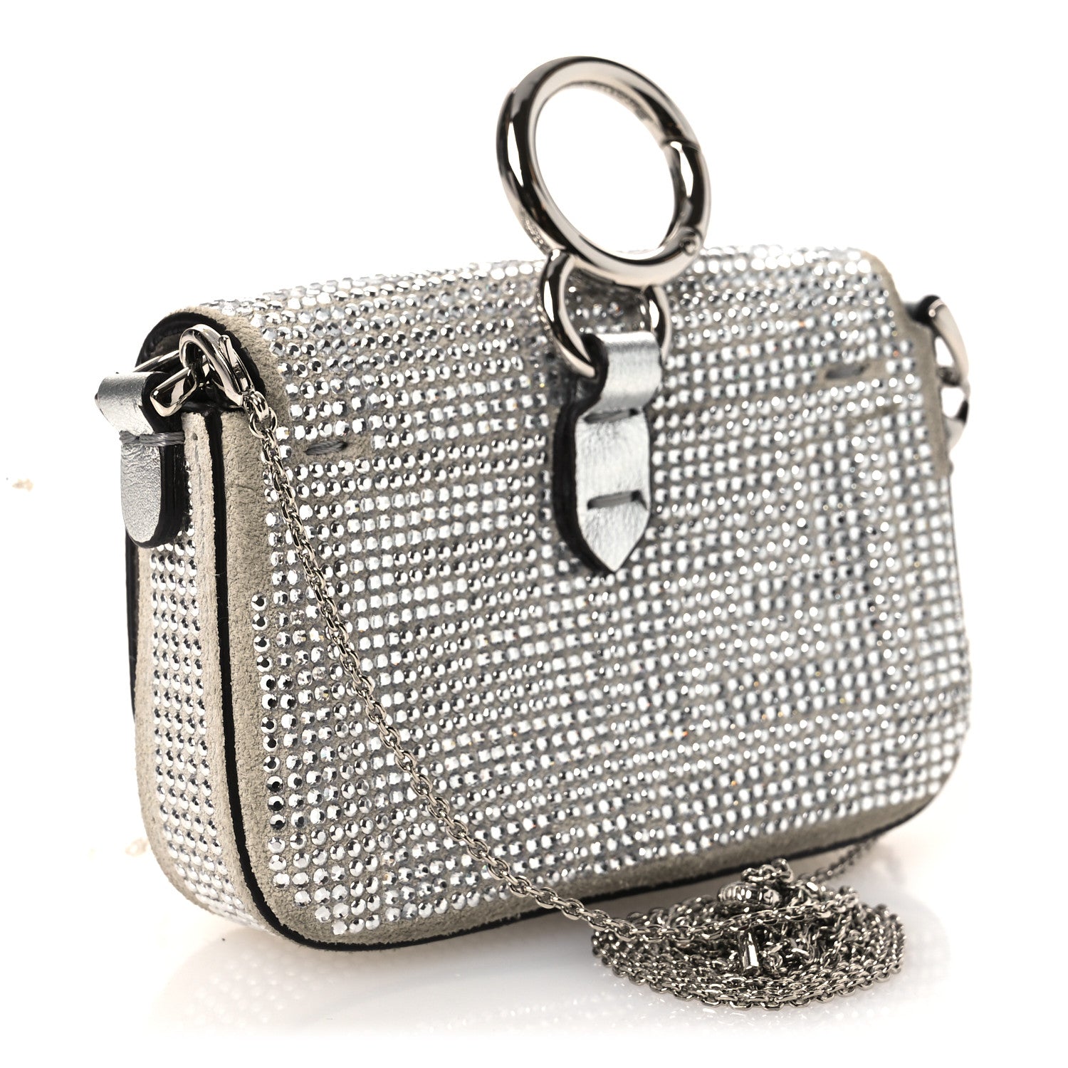 Fendi Crystal Vitello Laminato FF Nano Maxi Buckle Baguette Charm  Crystal Argento 3 of 11