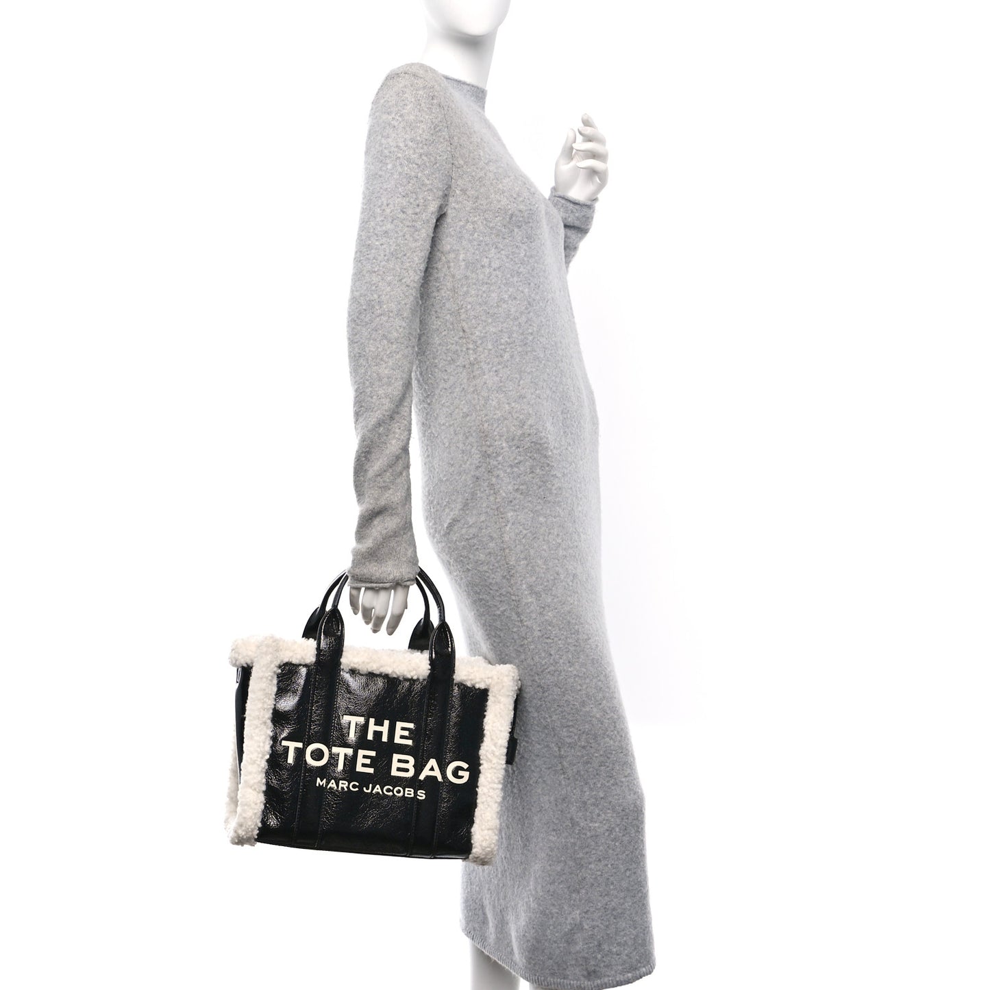 Shiny Calfskin Faux Shearling Small The Traveler Tote Bag Black