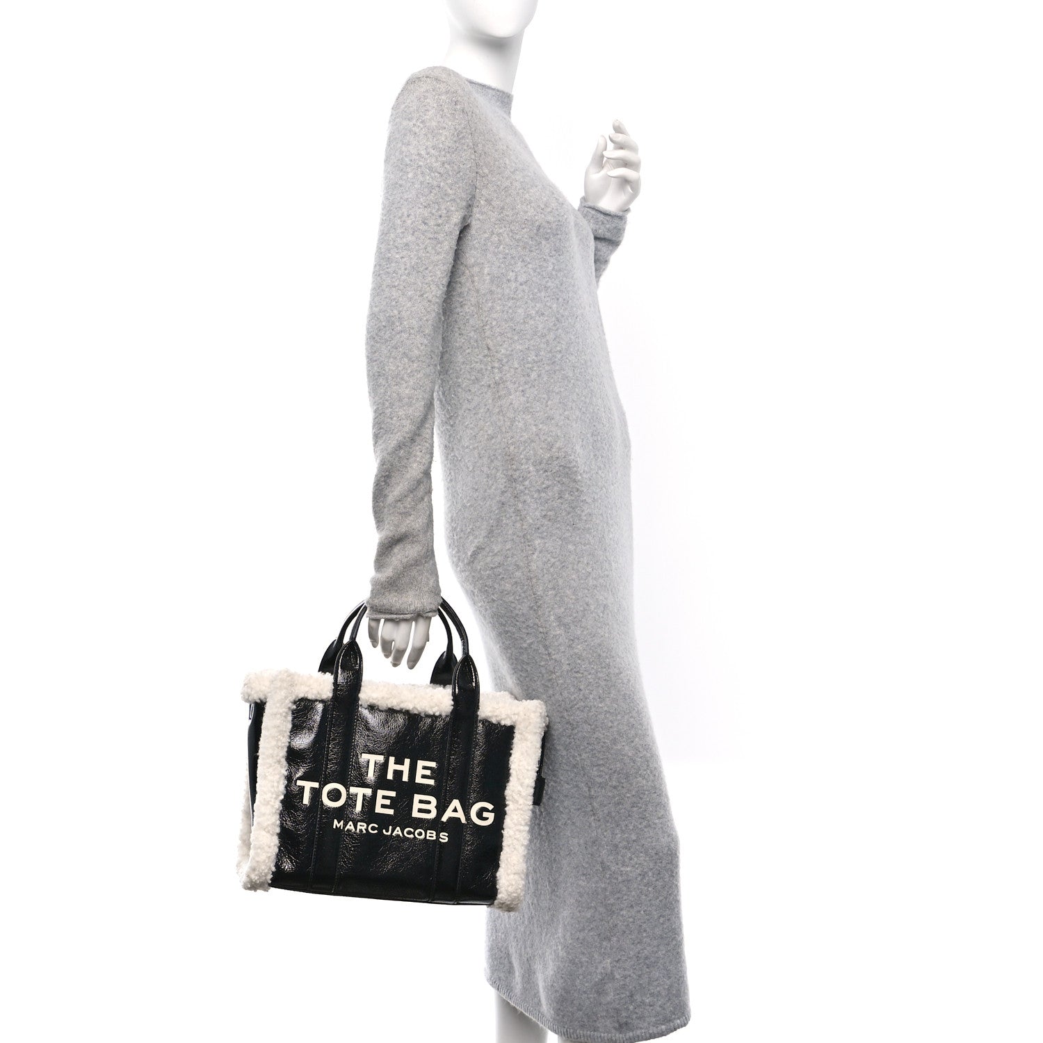 Marc Jacobs Shiny Calfskin Faux Shearling Small The Traveler Tote Bag Black 2 of 10