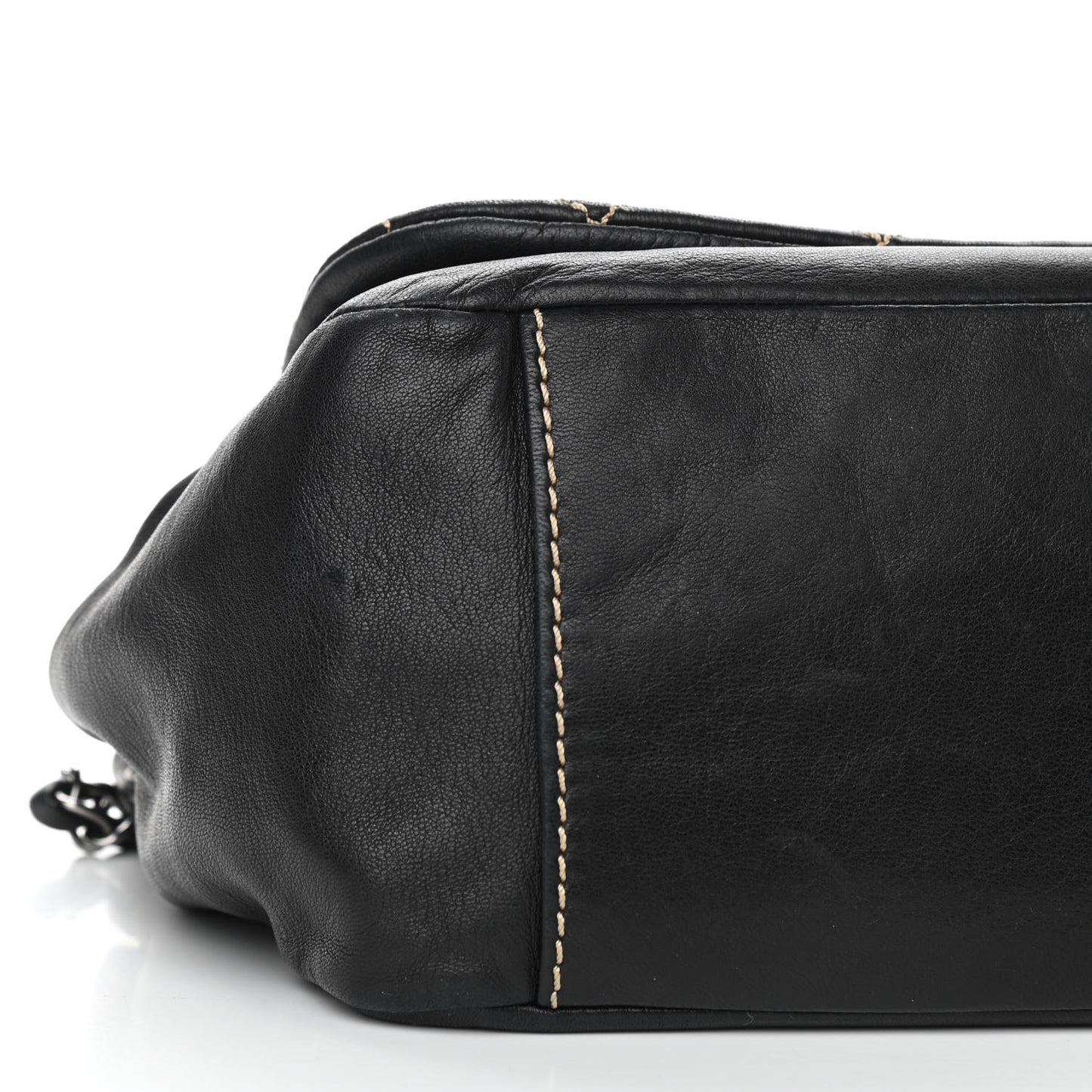Lambskin Contrast Stitch Surpique Accordion Flap Black