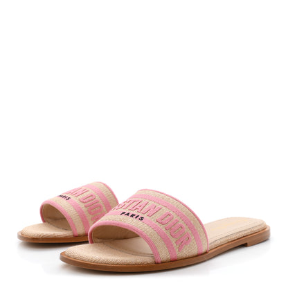 Christian Dior Straw Embroidered Dway Flat Slide Sandals 38 Rose Begonia 4 of 10
