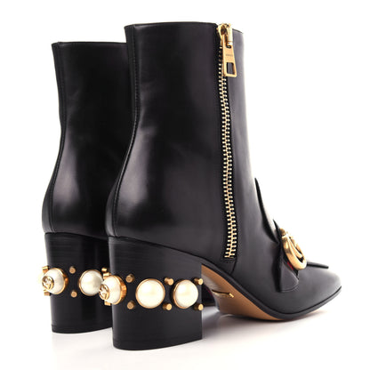 Gucci Betis Glamour Calfskin Web Pearl Embellished Peyton 75mm Ankle Boots 38 Black 4 of 11