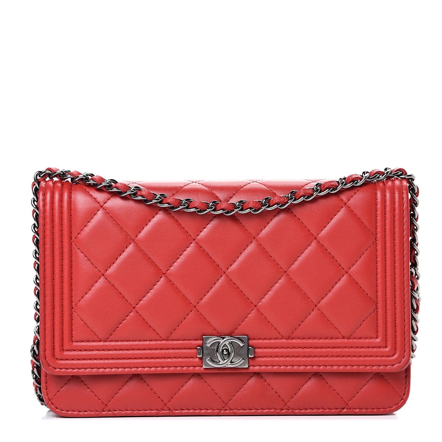 Lambskin Quilted Boy Wallet On Chain WOC Red