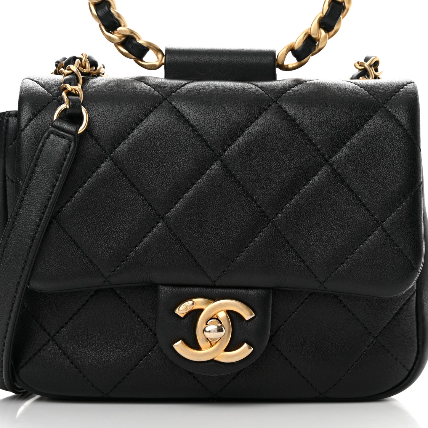 Lambskin Quilted Small Circular Handle Bag Black